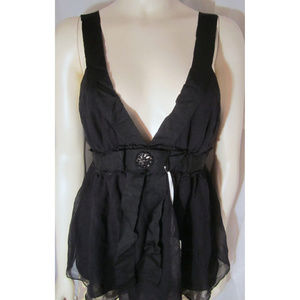 FOREVER 21 Black Silk Camisole Jewel Brooch Babydoll Top Evening